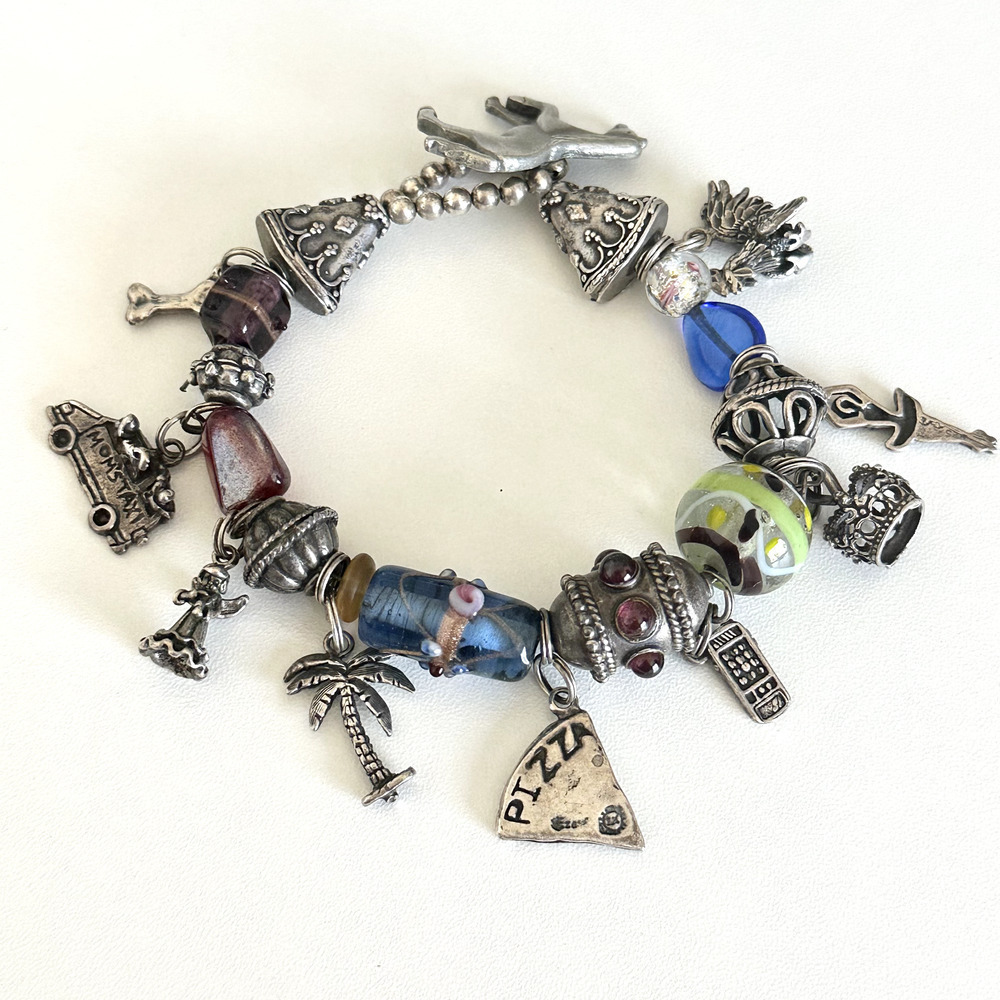 Vintage 925 Sterling Silver Garnet Murano Art Glass Loaded Charm Bracelet 7"